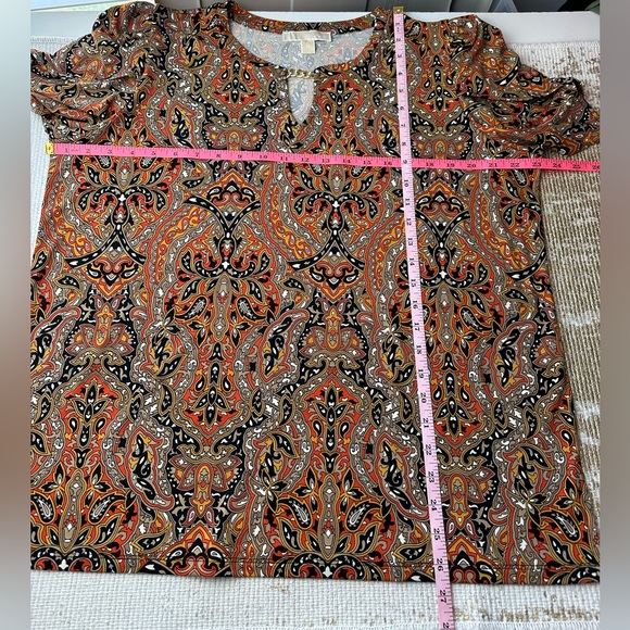 MICHAEL KORS Black, Beige & Orange Printed Gold Chain Petal Sleeve Top | Size XL - Picture 16 of 16
